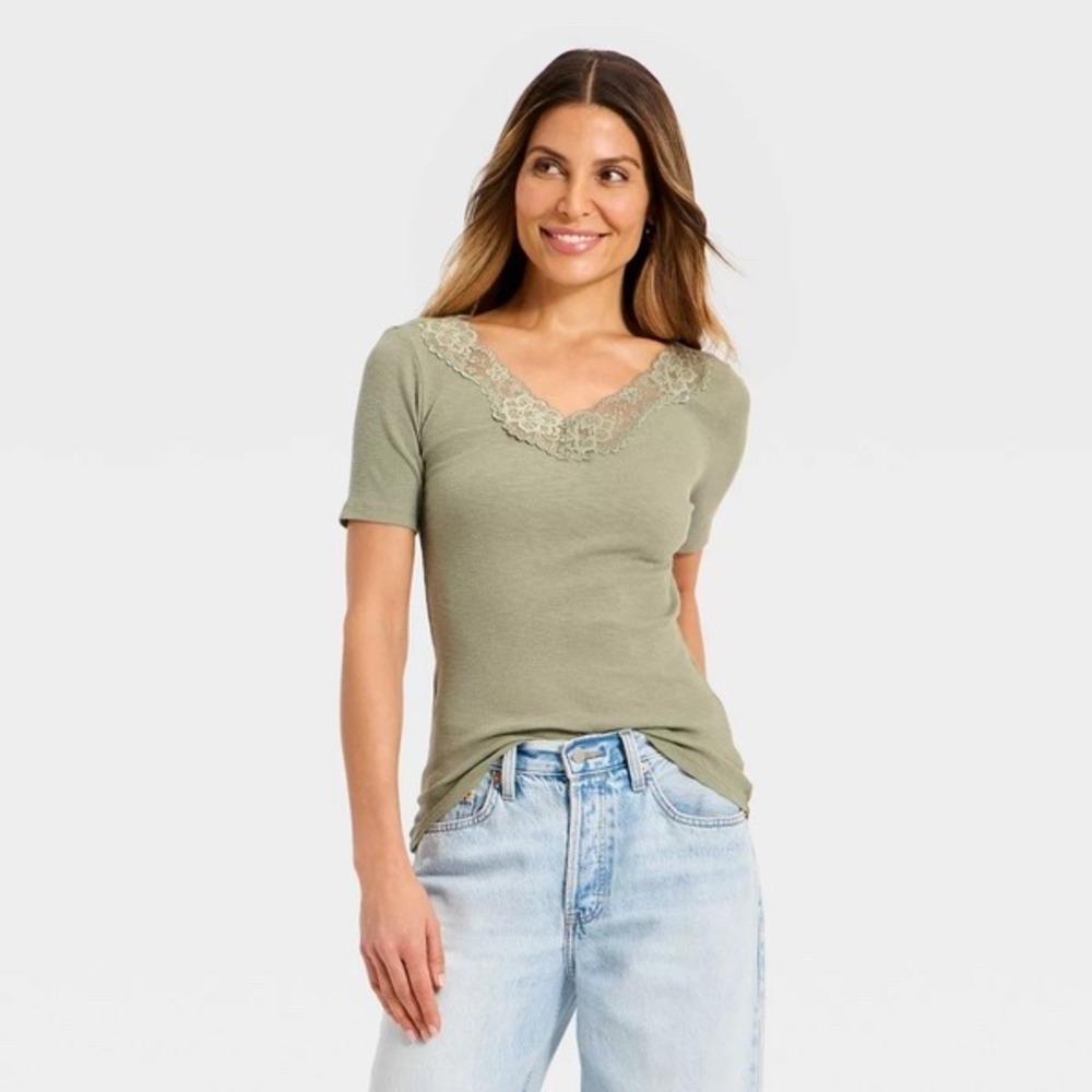 Universal Thread Sage Green Ribbed Lace V-Neck Short Sleeve Top XS Y2K Bella